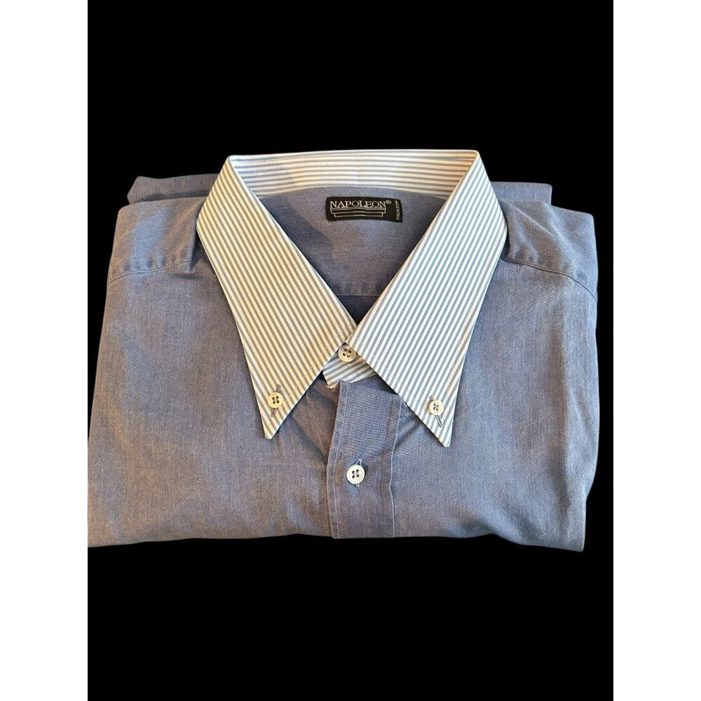 Napolean Italy Mens Denim Long Slv Shirt NEW 100% Cotton Pin Stripe Collar Cuffs